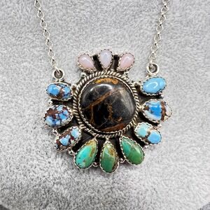 Sterling Silver Blackjack & Kingman Turquoise Cluster Flower Statement Necklace